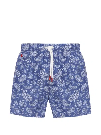 Kiton Swimsuit In Technical Fabric With All-over Graphics In Blue