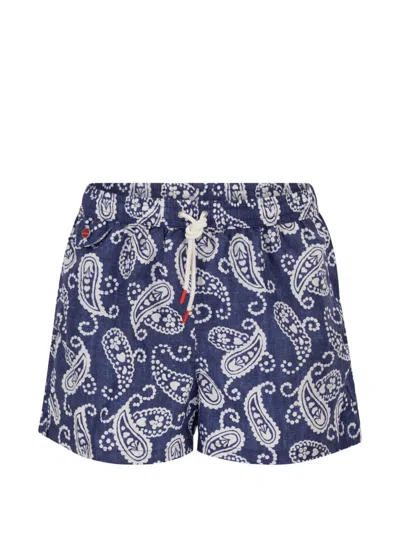 Kiton Patterned Drawstring-fastening Swim Shorts In Blue