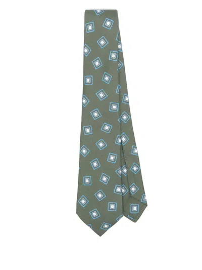 Kiton Green Silk Tie With Geometric Pattern