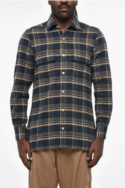 Kiton Plaid Motif Cotton Flannel Shirt With Double Pocket In Blue