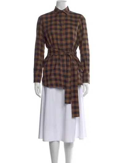 Pre-owned Kiton Plaid Print Long Sleeve Button-up Top In Brown