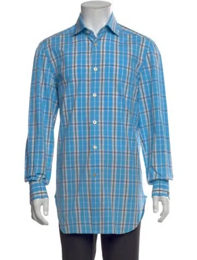 Pre-owned Kiton Plaid Print Long Sleeve Dress Shirt In Blue
