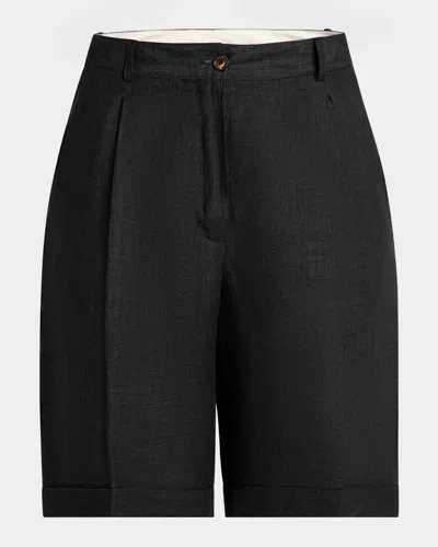 Kiton Pleated Linen Bermuda Shorts In Black