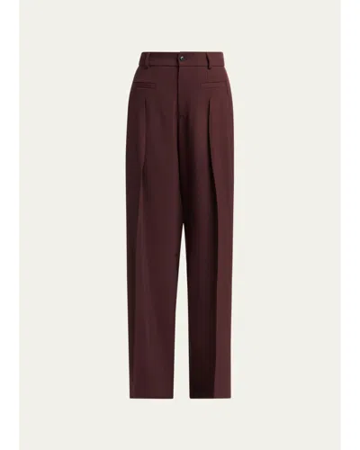 Kiton Pleated Wool-silk Straight-leg Trousers In Burgundy