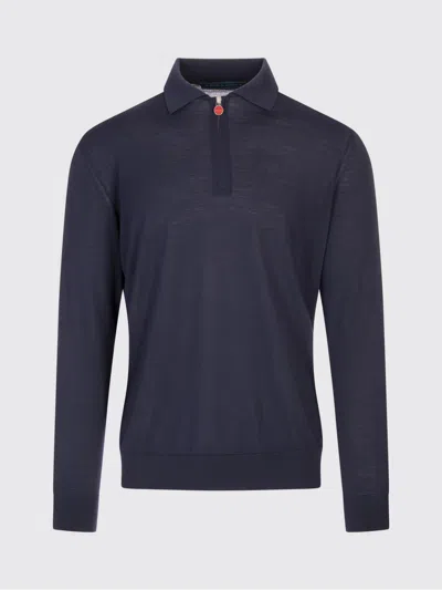 Kiton Wool Knit Polo Shirt With Classic Collar And Half-zip Closure In Blue