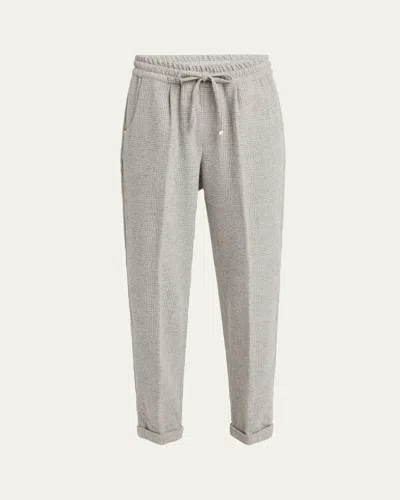 Kiton Prince Of Wales Drawstring Wool Cashmere Pants In Gray