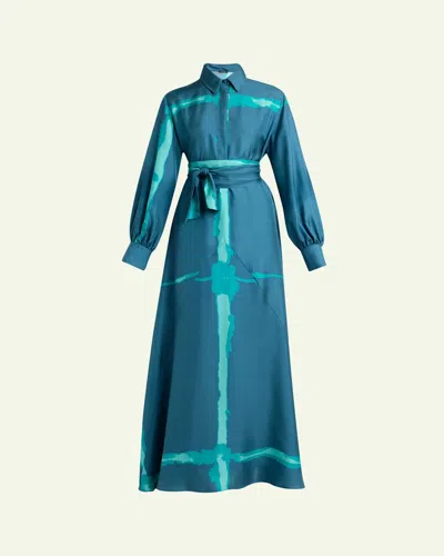 Kiton Printed Silk Long-sleeve Maxi Shirtdress In Blue