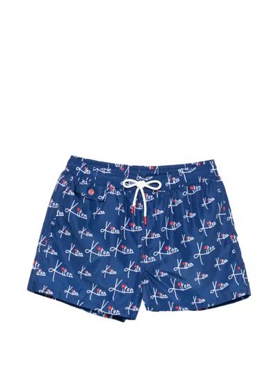 Kiton Printed Swim Shorts In Blue