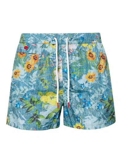 Kiton Floral Print Swim Shorts With Drawstring Waistband In Clear Blue
