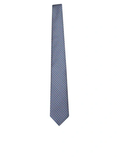Kiton Pure Silk Tie In Geometric Pattern In Blue