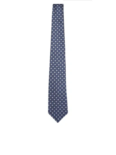 Kiton Pure Silk Tie With Sky Blue Pattern In Grey