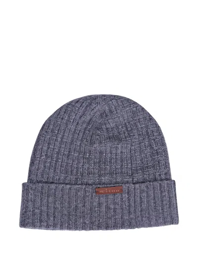 Kiton Ribbed Label Beanie Hat In Gray