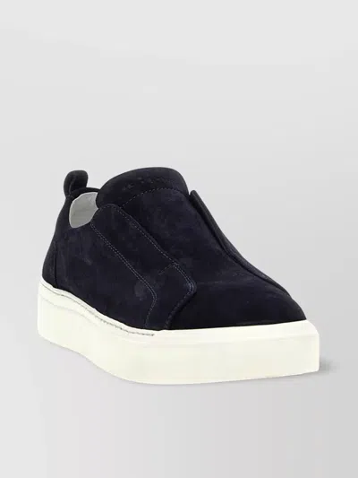 Kiton Round Toe Suede Sneakers With Pull Tab In Navy Blue