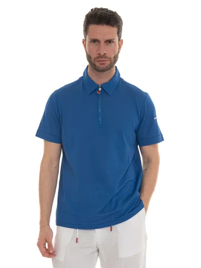 Kiton Short Sleeve Polo Shirt With Half Zip In Azure