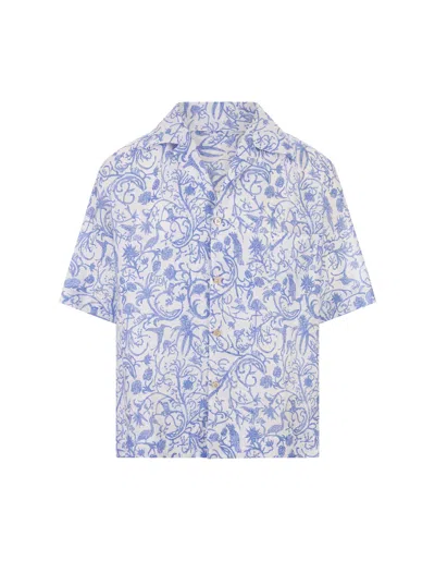 Kiton Short-sleeved Shirt In Printed Linen In Blue