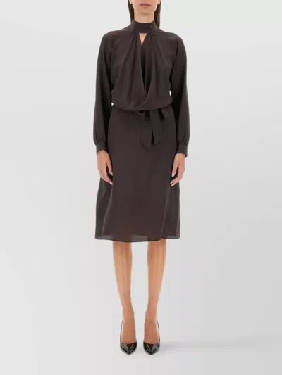 Kiton Silk Dress With Buttoned Cuffs And Waist Tie In Brown