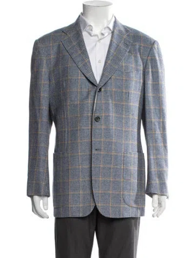 Pre-owned Kiton Silk Plaid Print Blazer In Blue