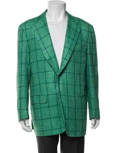 Pre-owned Kiton Silk Plaid Print Blazer In Green