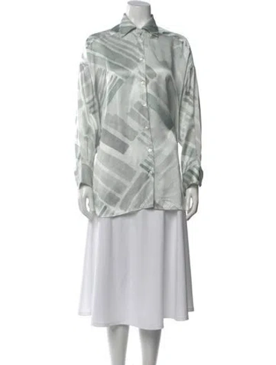 Pre-owned Kiton Silk Printed Button-up Top In Green