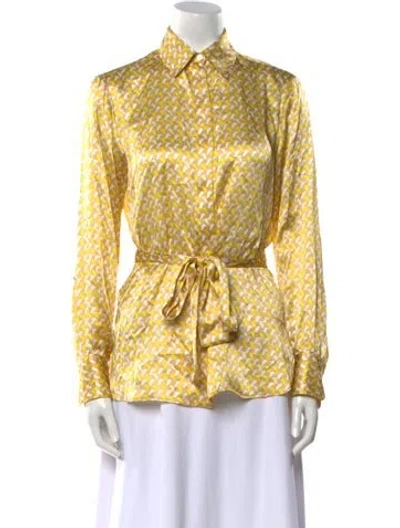 Pre-owned Kiton Silk Printed Button-up Top W/ Tags In Yellow