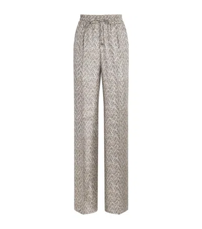 Kiton Silk Printed Wide-leg Trousers In Gray