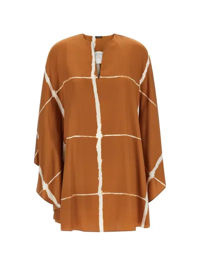 Kiton Silk Satin Caftan Blouse With Graphic Pattern In Brown
