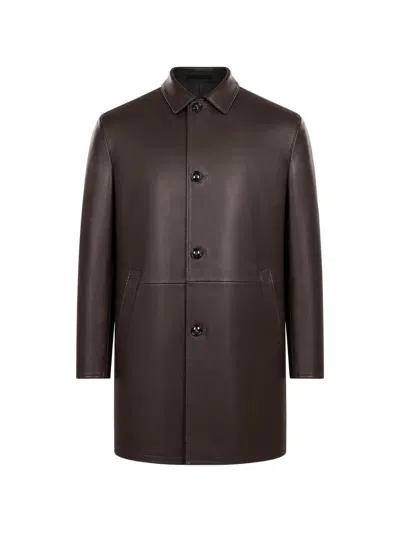 Kiton Single-breasted Leather Coat In Brown