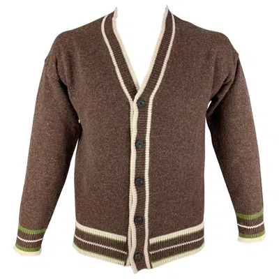 Pre-owned Kiton Size M Brown Cream Contrast Trim Cotton V-neck Cardigan In White