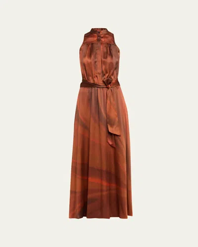 Kiton Sleeveless Belted Silk Maxi Dress In Brown