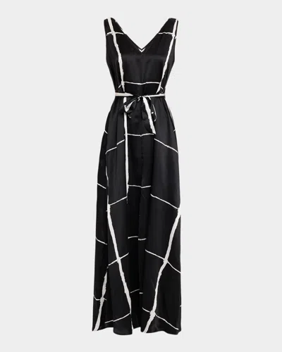 Kiton Sleeveless Check Silk Belted Maxi Dress In Black