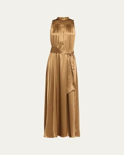 Kiton Sleeveless Gathered Silk Maxi Dress With Belt In Brown