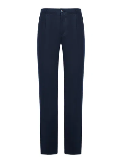 Kiton Straight Fit Linen Trousers With Elastic Waist In Blue
