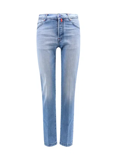 Kiton Stretch Cotton Jeans With Back Logo Patch In Blue