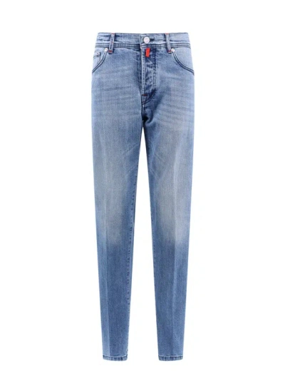 Kiton Stretch Cotton Jeans With Back Logo Patch In Blue