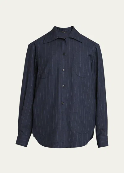 Kiton Stripe Button Down Wool Top In Blu