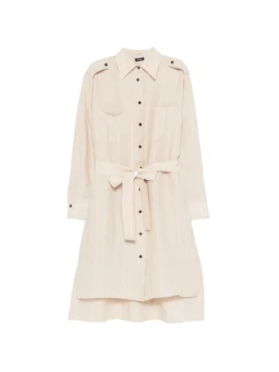 Kiton Striped Belted Linen Shirt Dress In Gold