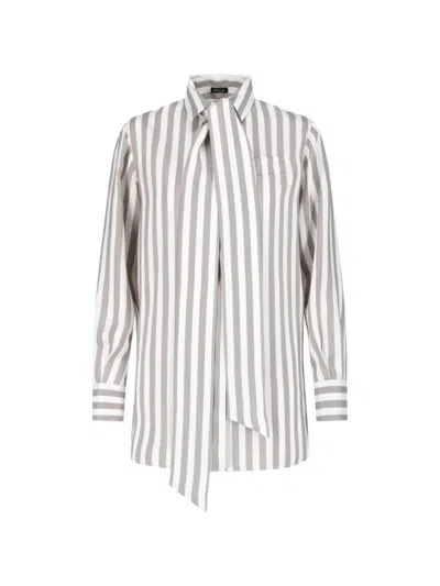 Kiton Beige Silk Striped Classic Collar Shirt In Gray