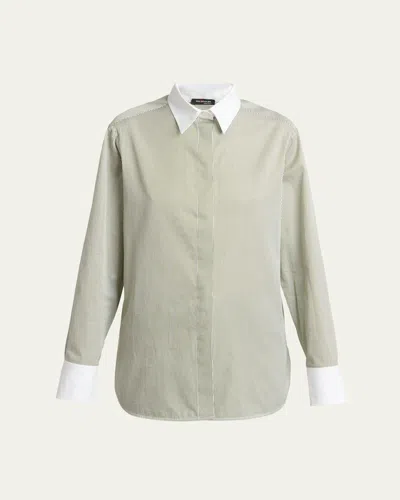 Kiton Striped Cashmere Poplin Button-down Shirt In Military Green