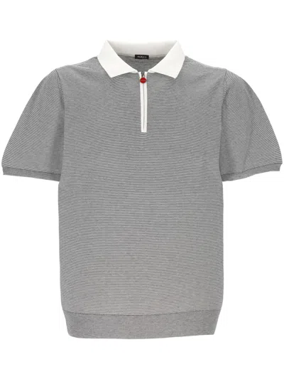 Kiton Striped Cotton Polo In White Black In Gray