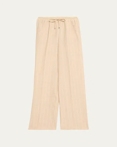 Kiton Striped Linen Straight-leg Pull-on Pants In Brown