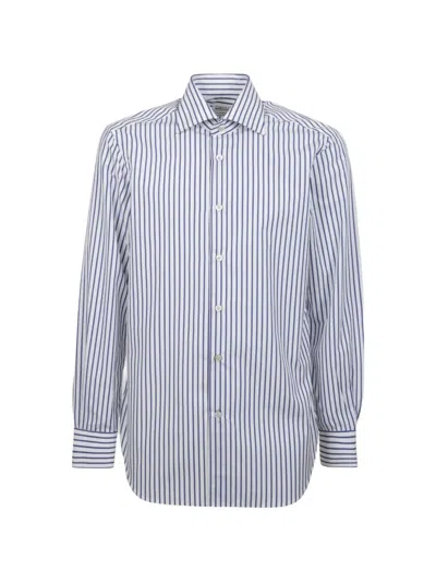 Kiton Long Sleeved Striped Shirt In Blue