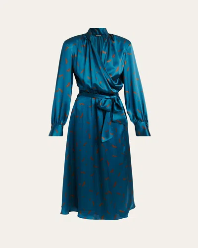 Kiton Strong-shoulder Long-sleeve Satin Midi Wrap Dress In Blue