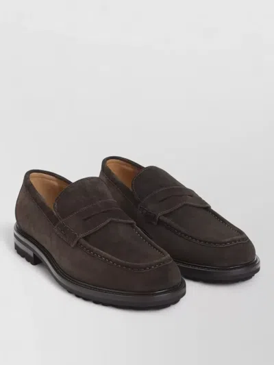 Kiton Suede Penny Loafers Hand Stitched Apron Toe In Brown