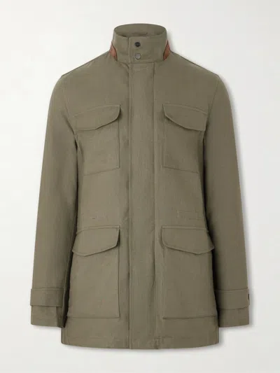 Kiton Suede-trimmed Linen Field Jacket In Green