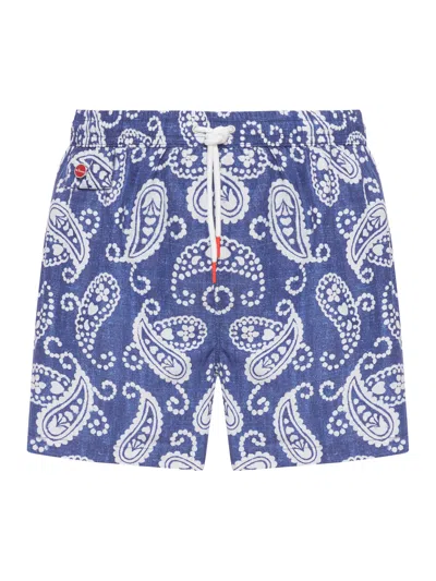 Kiton Swimsuit In Technical Fabric With All-over Graphics In Blue