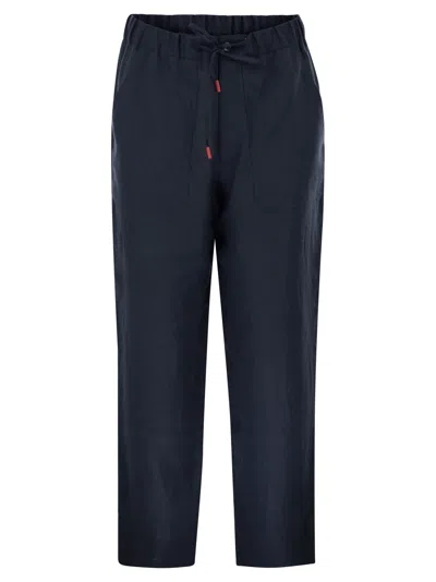 Kiton Tailored Linen Drawstring Trousers In Blue