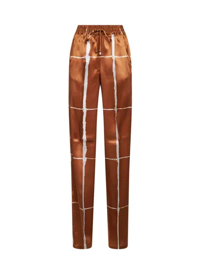 Kiton Tan And White Printed Silk Drawstring Trousers In Brown