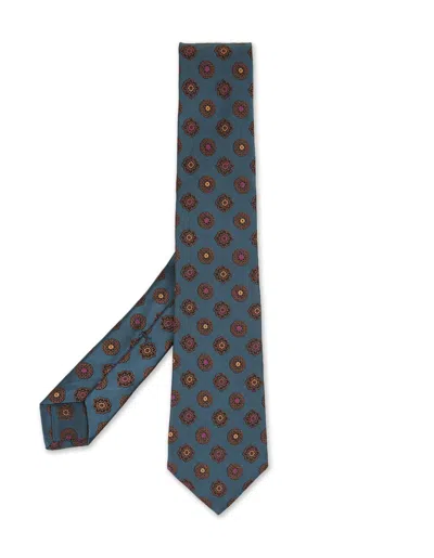 Kiton Teal Tie With Multicolored Pattern In Green