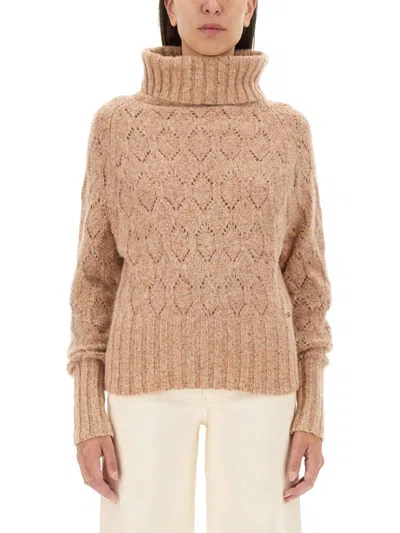 Kiton Textured Turtleneck Sweater With Ribbed Hem In Brown