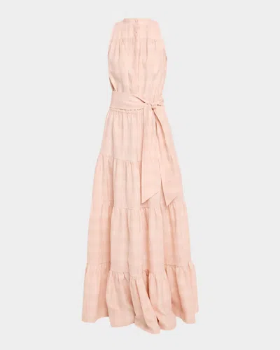 Kiton Tiered Check Linen Belted Sleeveless Maxi Dress In Pink